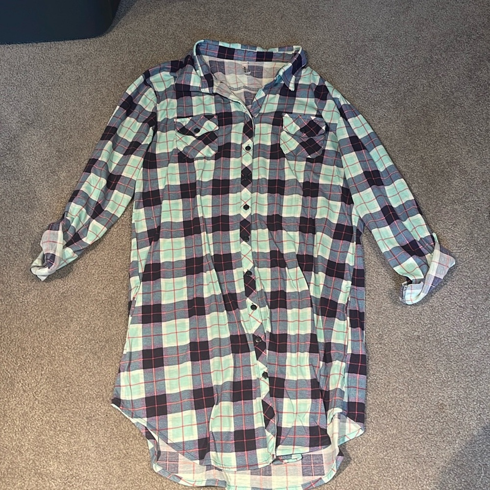 White mark flannel plaid long sleeve button up dress in blue 1XL